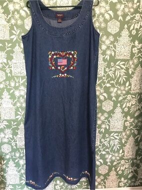 Vintage 90s Agapo Denim Modest Dress Flag and Floral